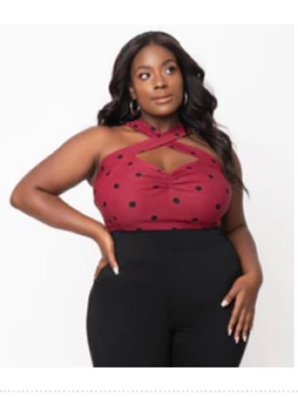 NWOT Unique Vintage Plus Size
Burgundy & Black Polka
Dots Porter Top Size 1X